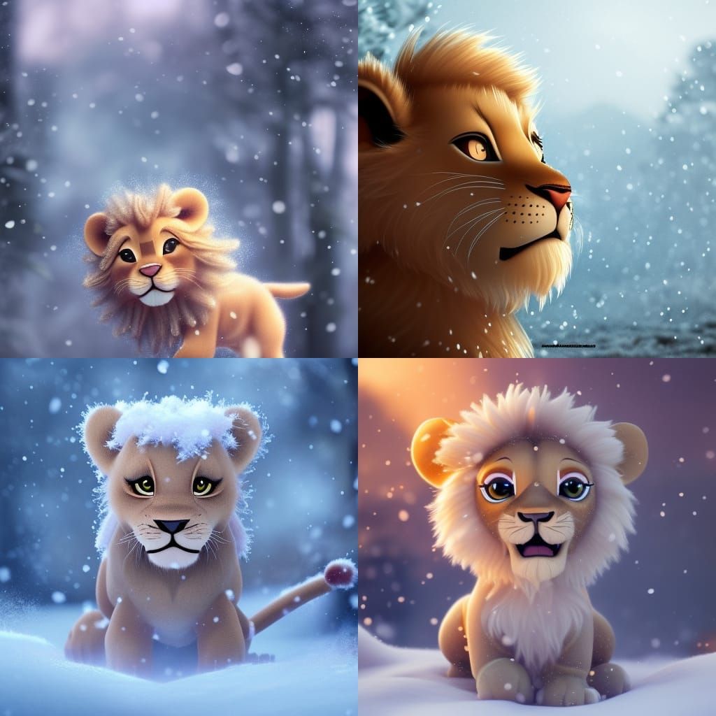 Pixar-Style Lion Cub in Winter Fantasy Scene