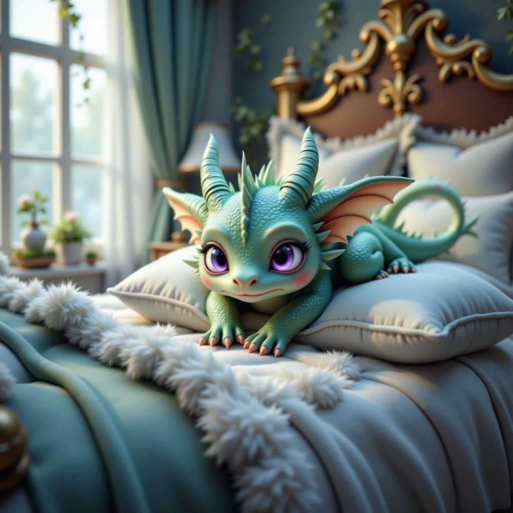 Adorable Pale Green Baby Dragon Sleeping Peacefully