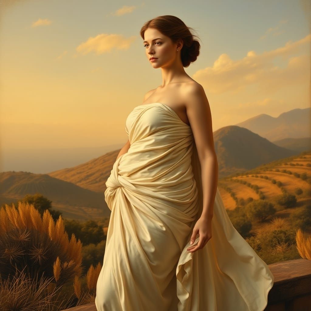 Hellenistic Woman in Golden Mediterranean Landscape