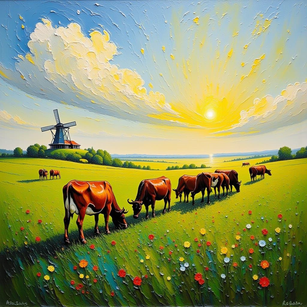 Golden Dutch Landscape with Cows, Impasto Style