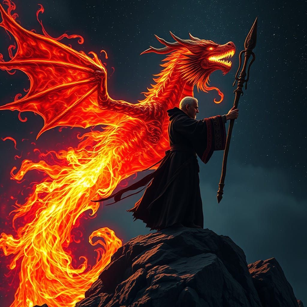 Dark Mage Conjures a Fiery Dragon in Celestial Chaos