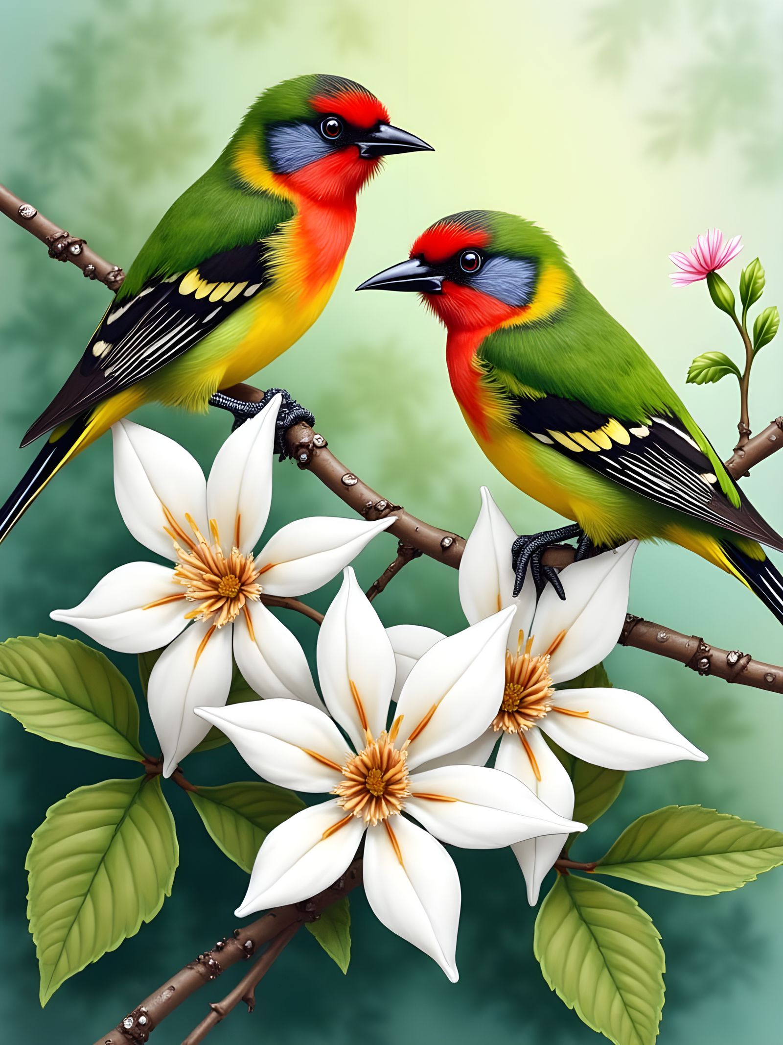 Jasmine, Finches, and Bromeliads in Watercolor