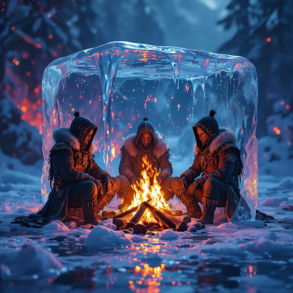 Fire Elementals Encased in Ice, Hyperrealistic Digital Art