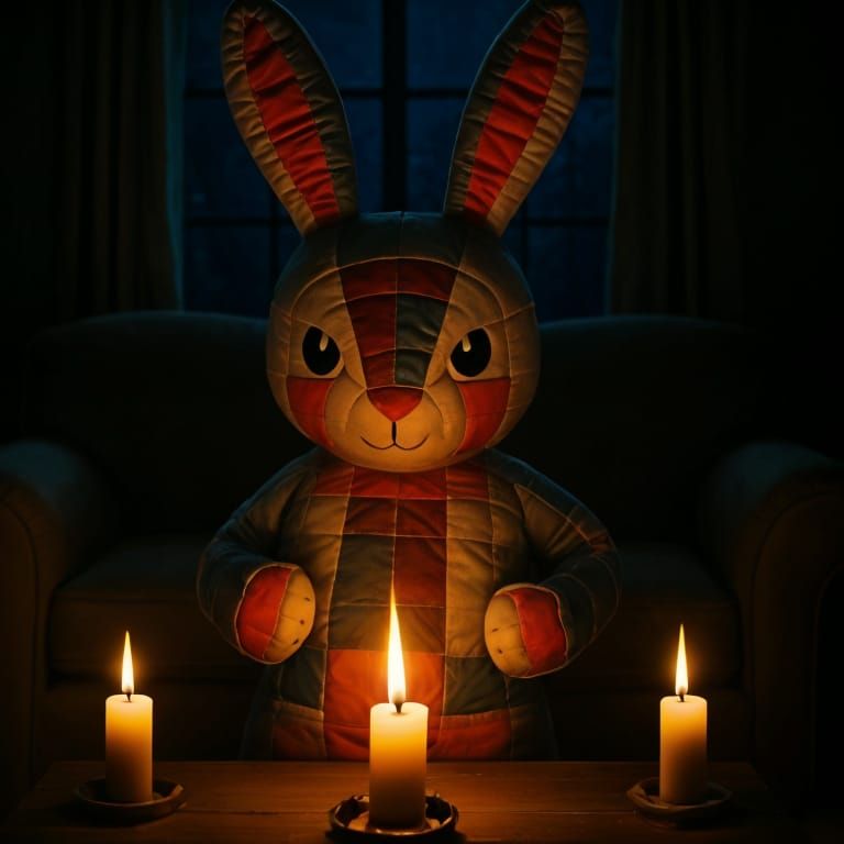 Patchwork Rabbit's Satanic Ritual in Dark Living Room