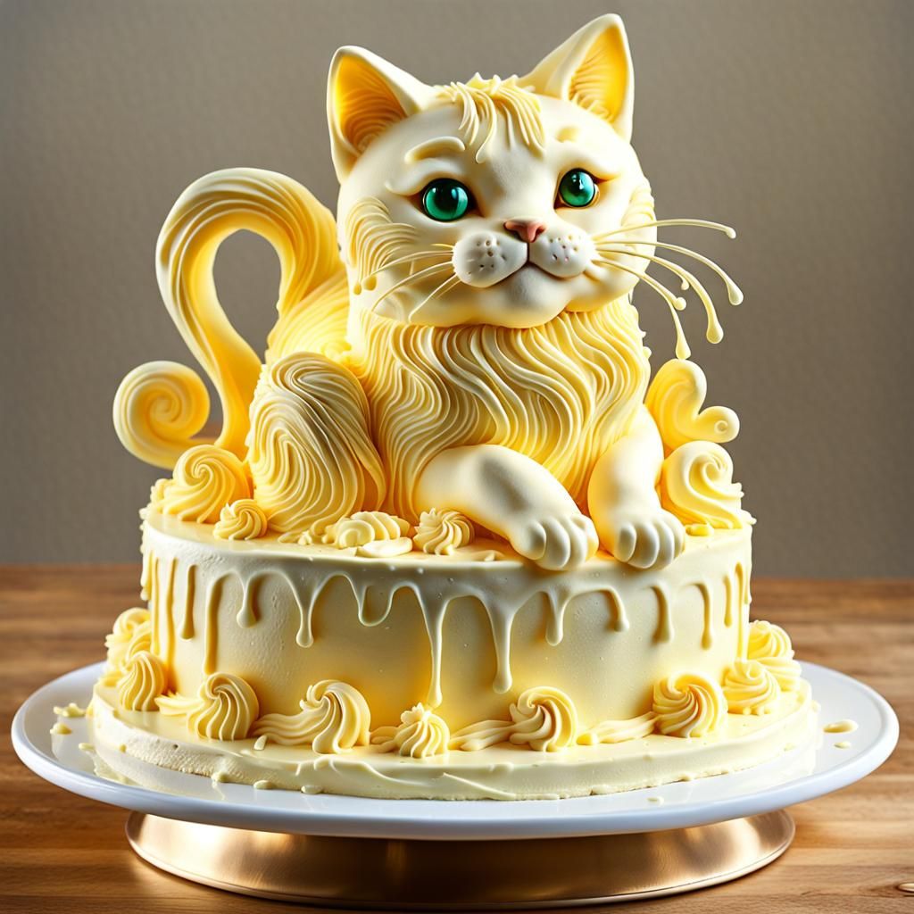 Award-Winning Butter Sculpture of a Cat on Cake