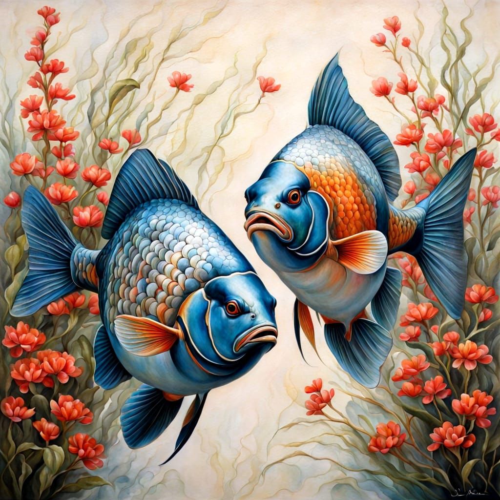 Beautiful composition, meticulously detailed painting of two fish that can even continue layering different colors and s...