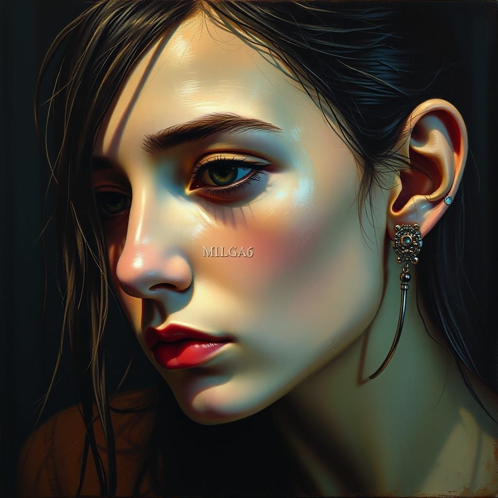 Girl with Glitch Earring in Chiaroscuro Style