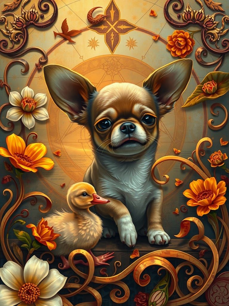 Chihuahua and Duckling in Surreal Dreamscape