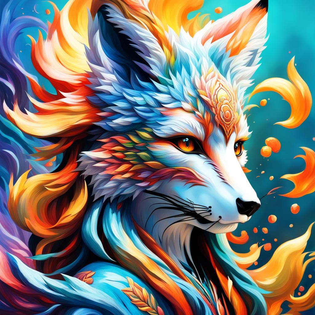 Detailed Fox Spirit Lady in Splash Art Style