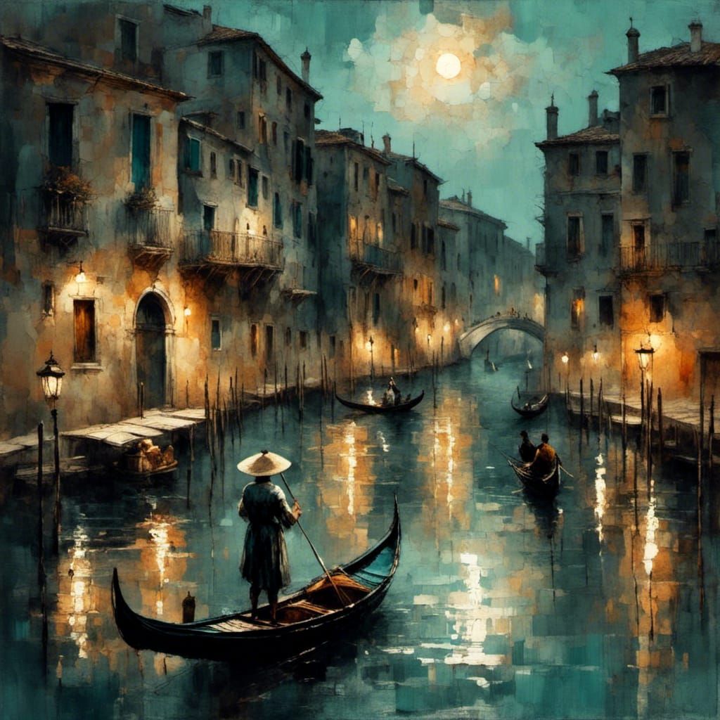 Venetian Waterway at Night: Enamel Painting
