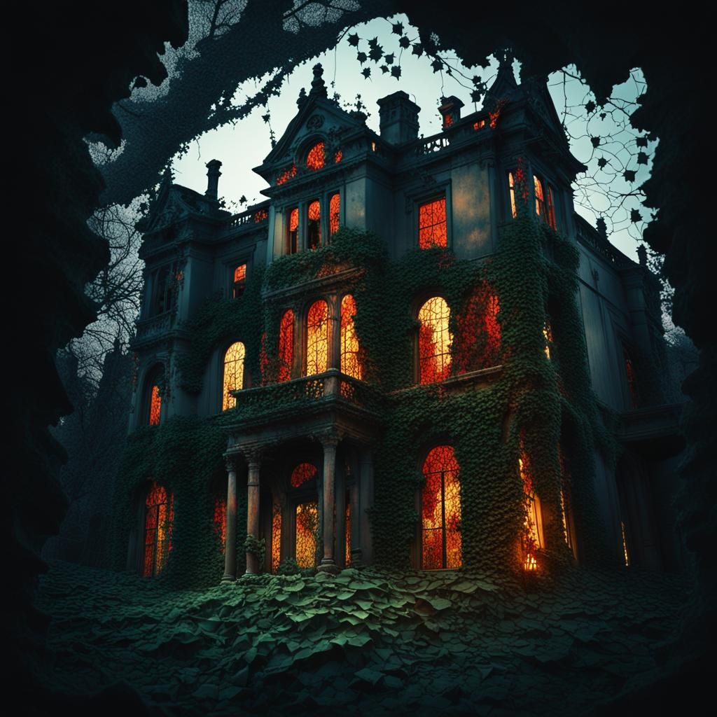 Eerie Surrealism: Creepy Mansion with Overgrown Gardens