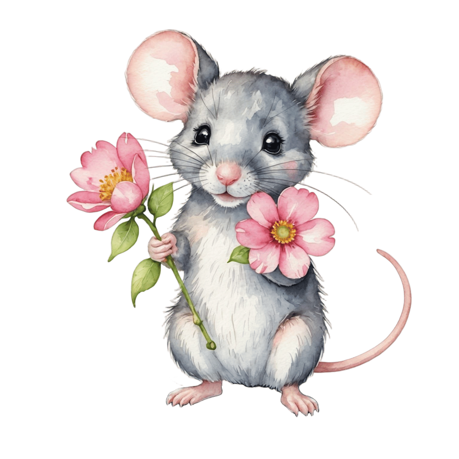 Watercolor Mouse with Pink Flower Clipart