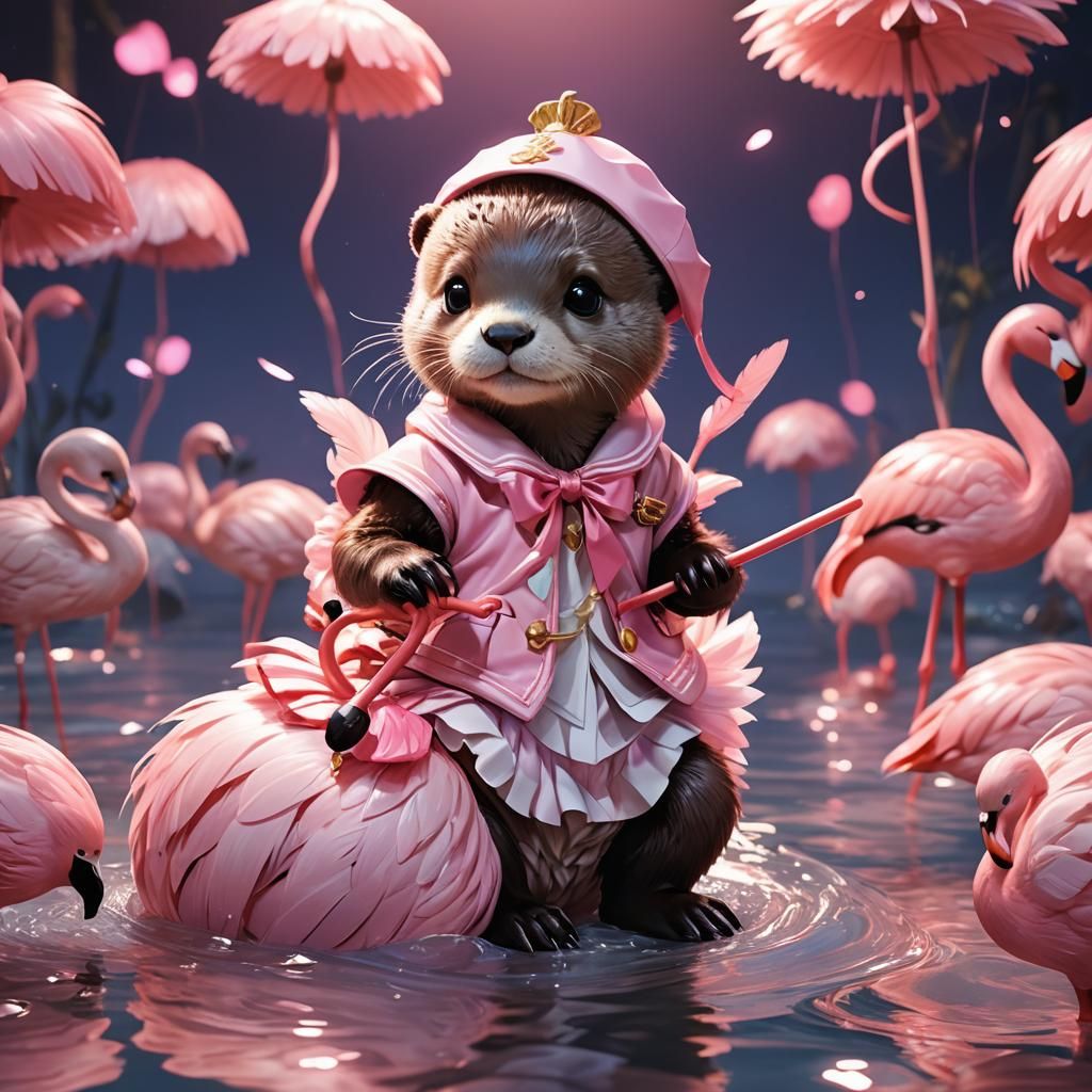 Baby Otter Rides Flamingo: Moe Anime 3D Portrait