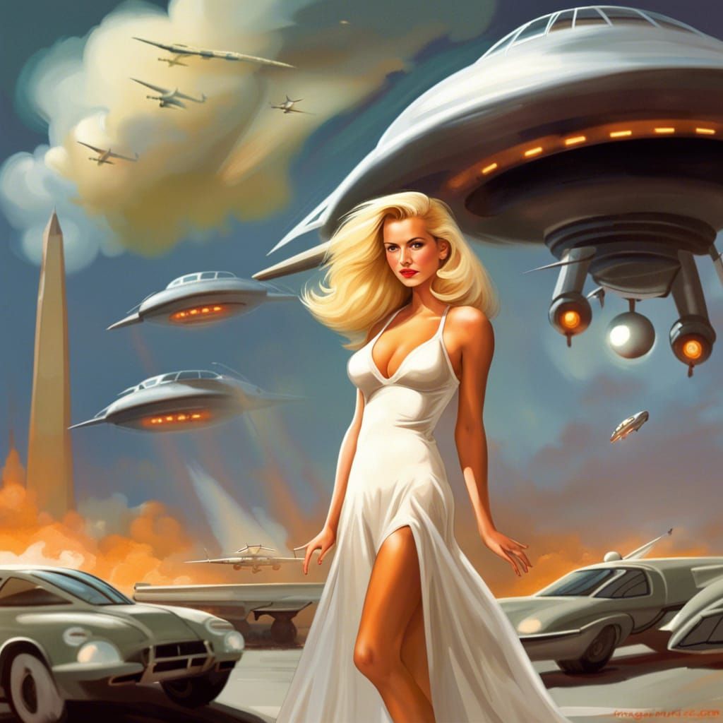 Blonde in Lingerie with UFO over Washington DC