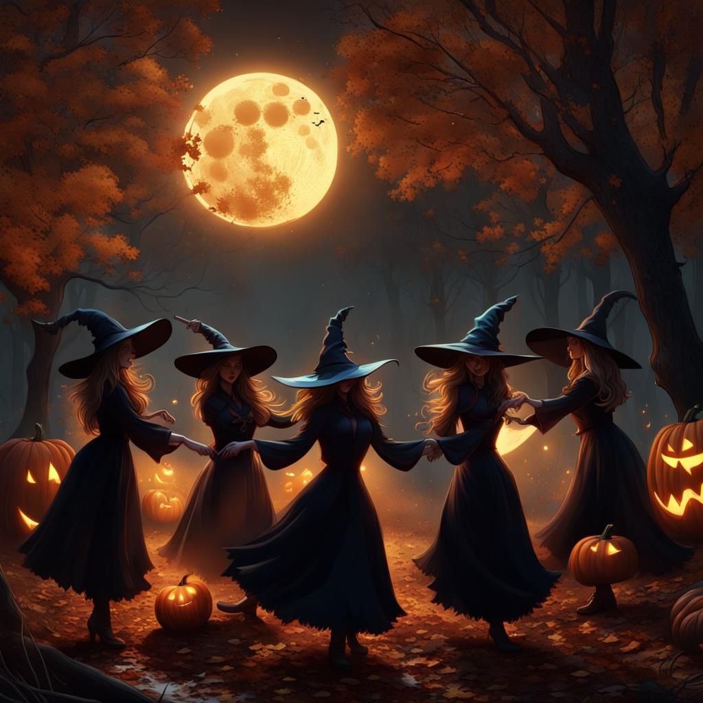 Witches dancing under the moon, in the style of hyper realistic illustrations, halloween, autumn, harvest, magic, black ...