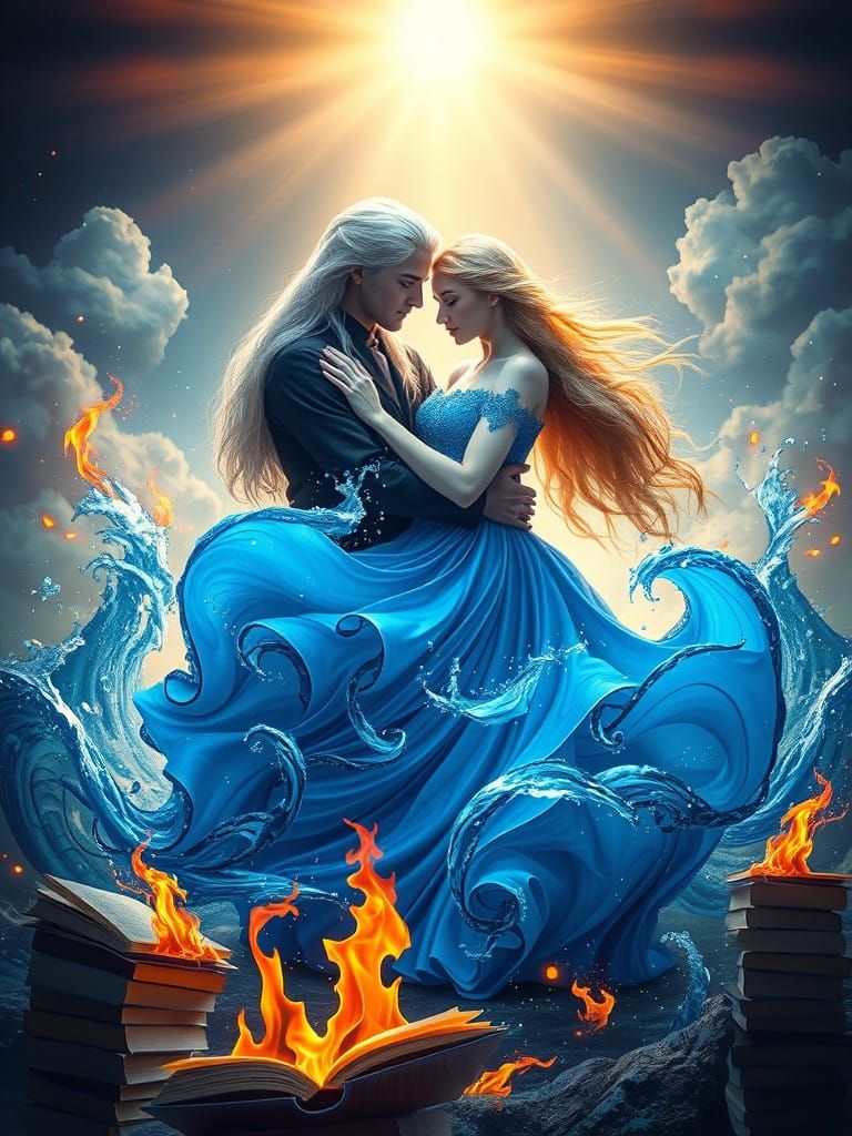 Ethereal Fantasy Couple Embracing Amidst Blazing Flames