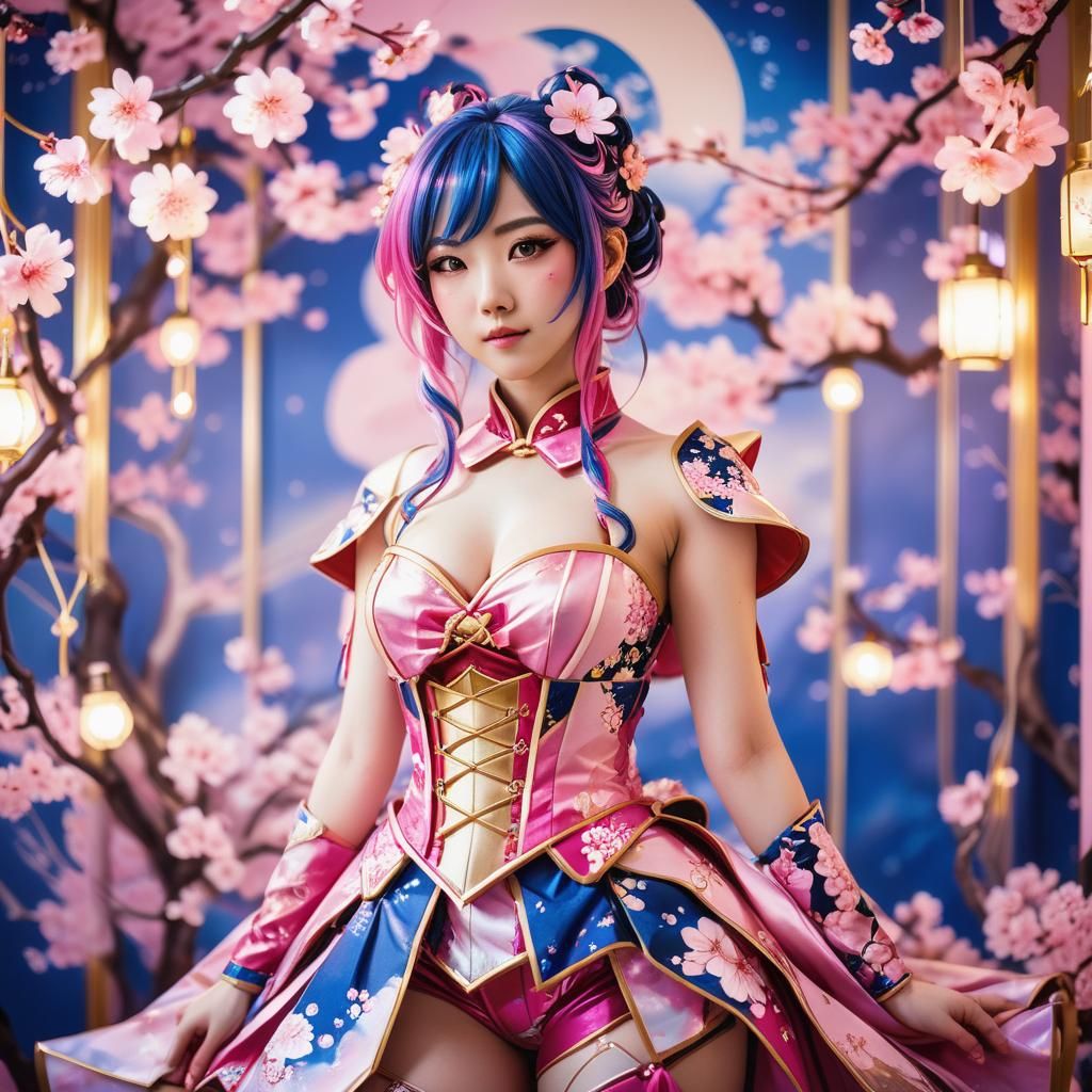 Anime Cosplay Girl in Pink Room: Cel-Shaded Style