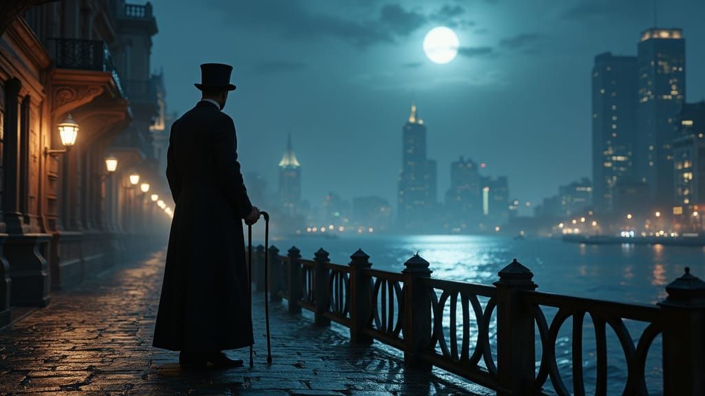 Elegant Gentleman Stares Out to Sea in a Futuristic Victoria...