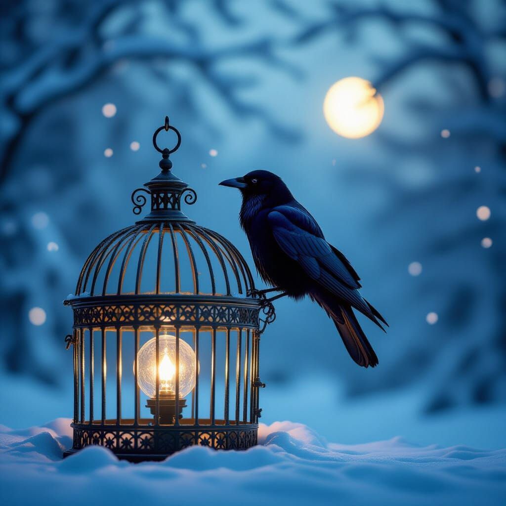 Crow in Antique Birdcage Against Snowy Sky
