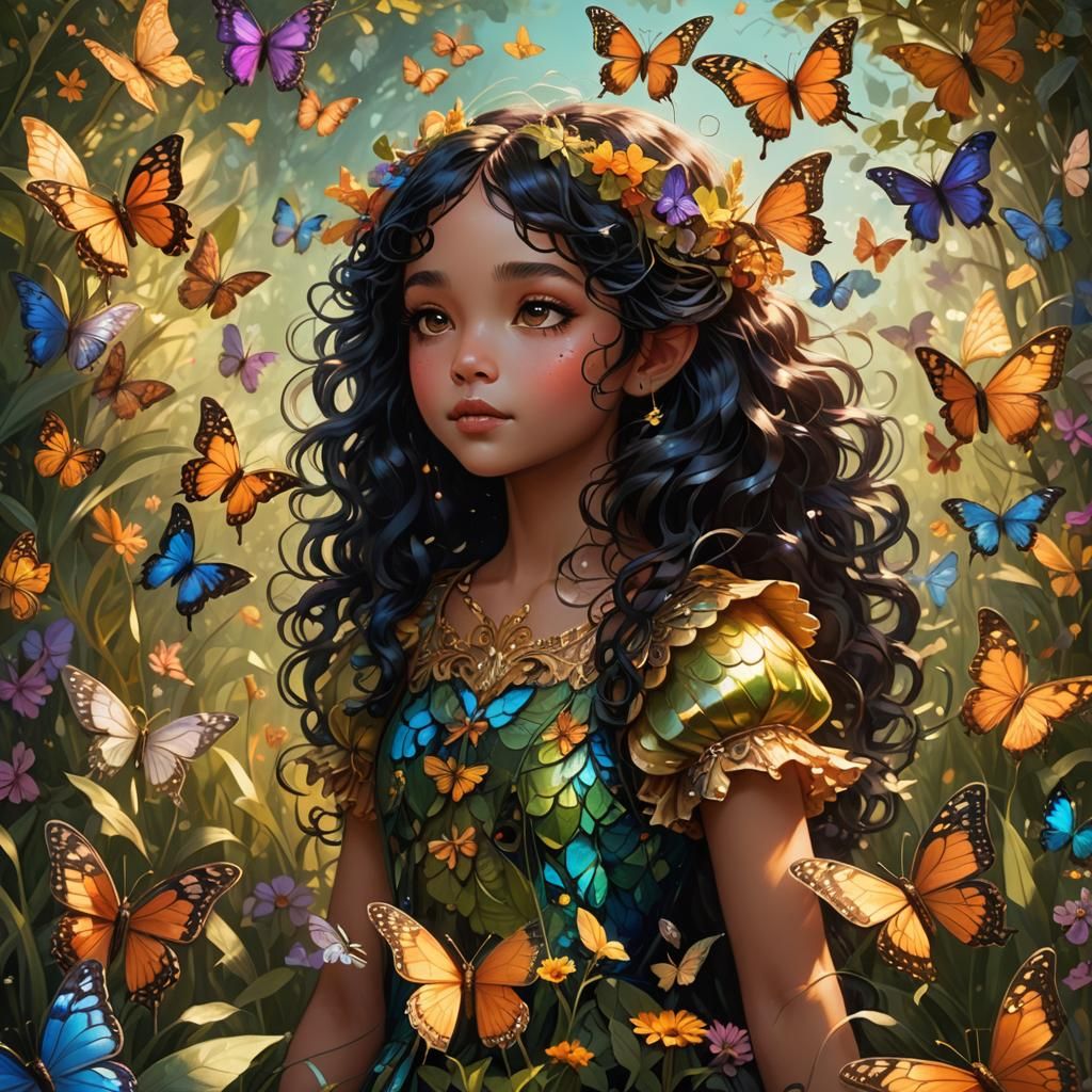 Fairy Girl Surrounded by Butterflies: Whimsical Concept Art