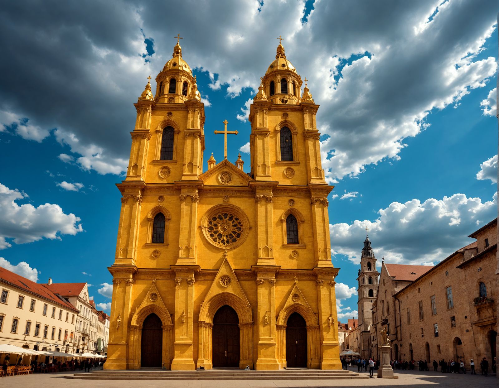 Golden Cathedral in Town Square, Hyperrealistic Style