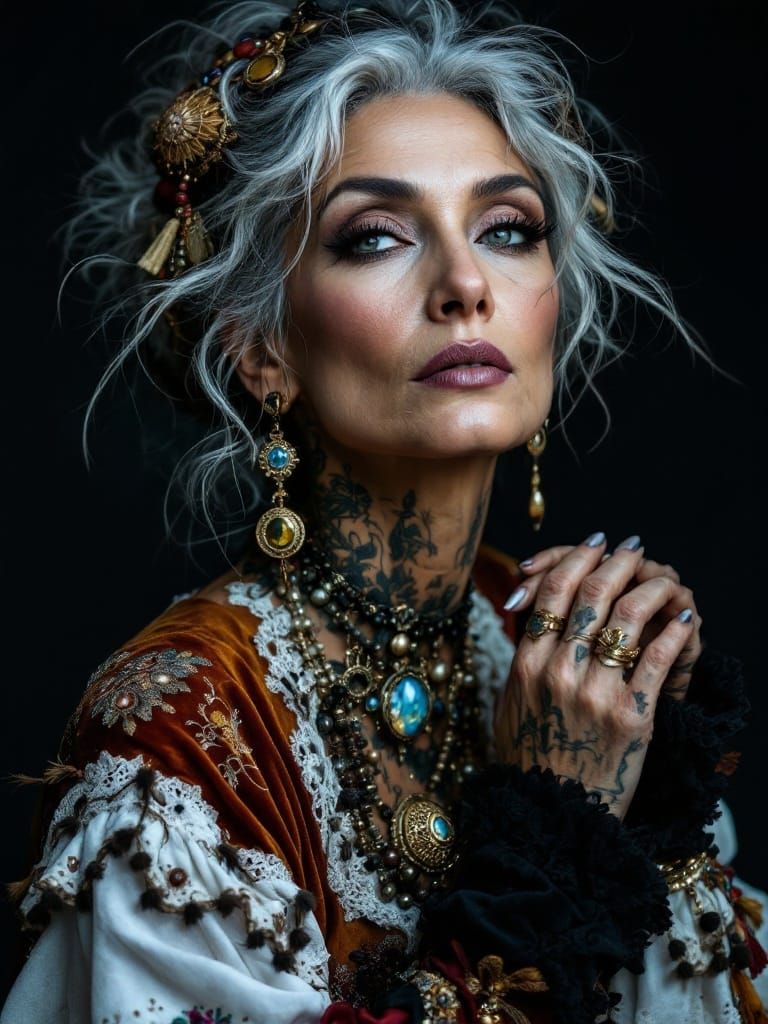 Bohemian Woman in Eclectic Attire with Mystical Ornaments