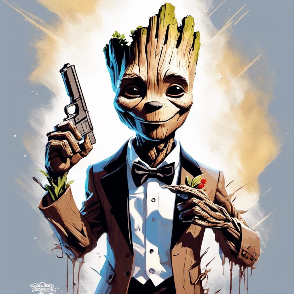 Groot in Tuxedo with Pistol, Digital Illustration