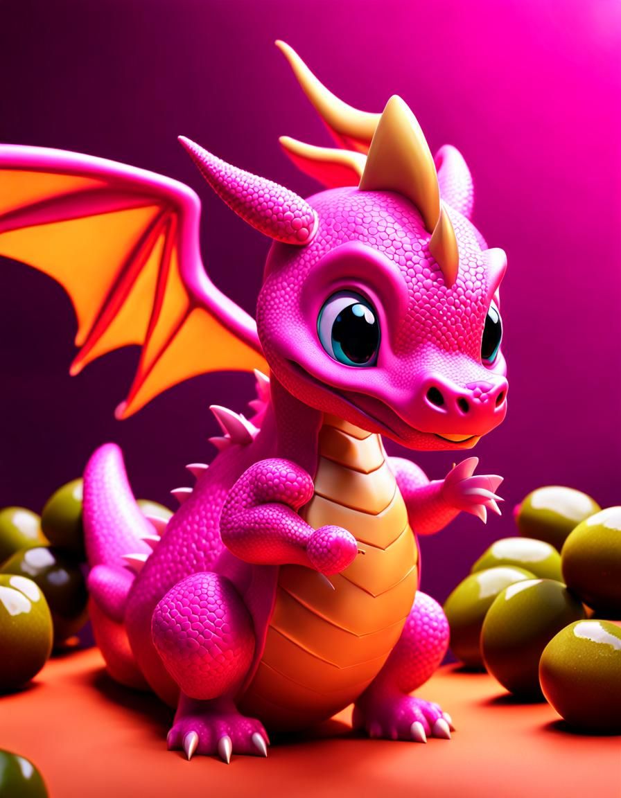 A pink dragon hording olives concept art, 3d digital art, Maya 3D, ZBrush Central 3D shading, bright colored background,...