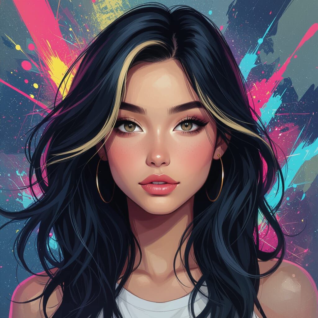 Woman with Blonde Streaks Amidst Abstract Neon Paint