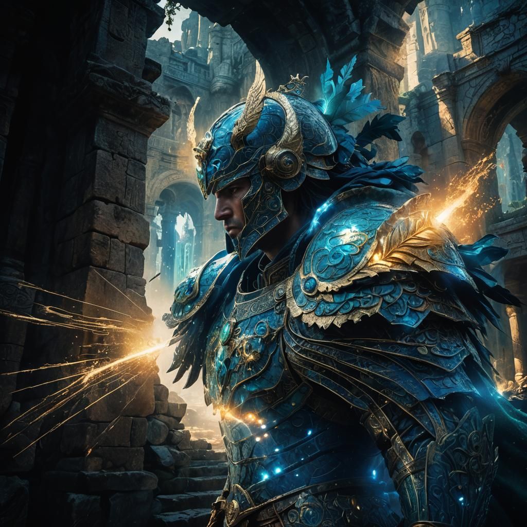 Mystical Warrior Amidst Ancient Ruins