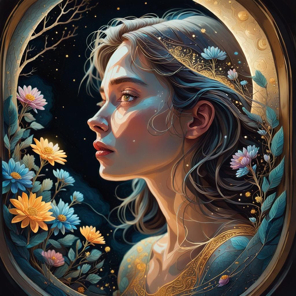 Woman in Window at Night with Bioluminescent Flowers