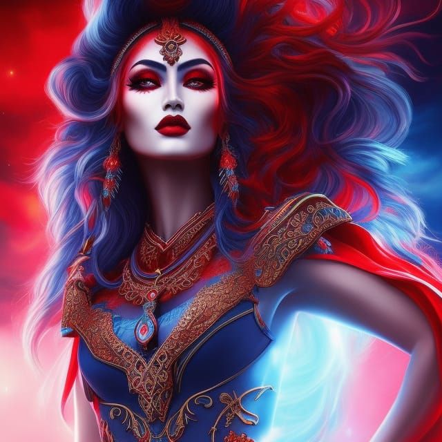 Gothic Moon Goddess in Red and Blue