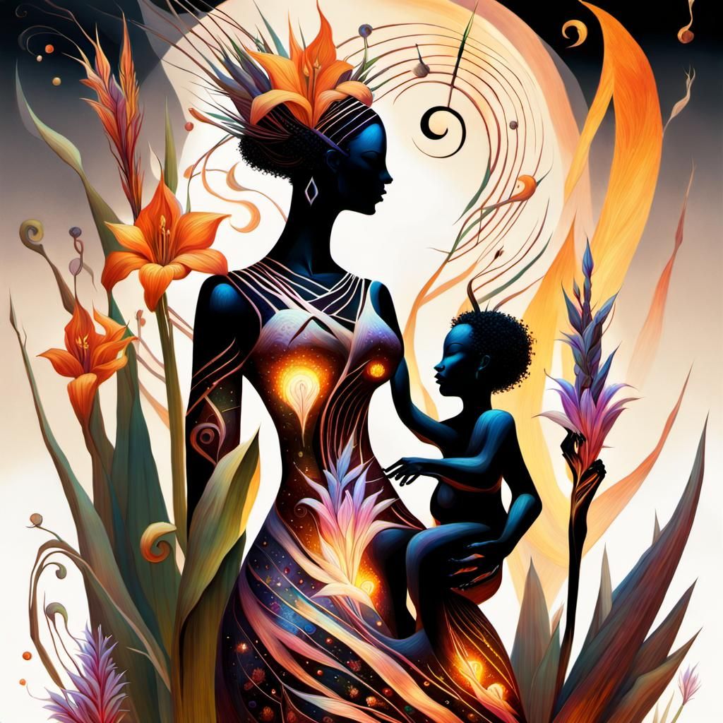 Mother and Child Surrounded by Flowers in Magic Realism