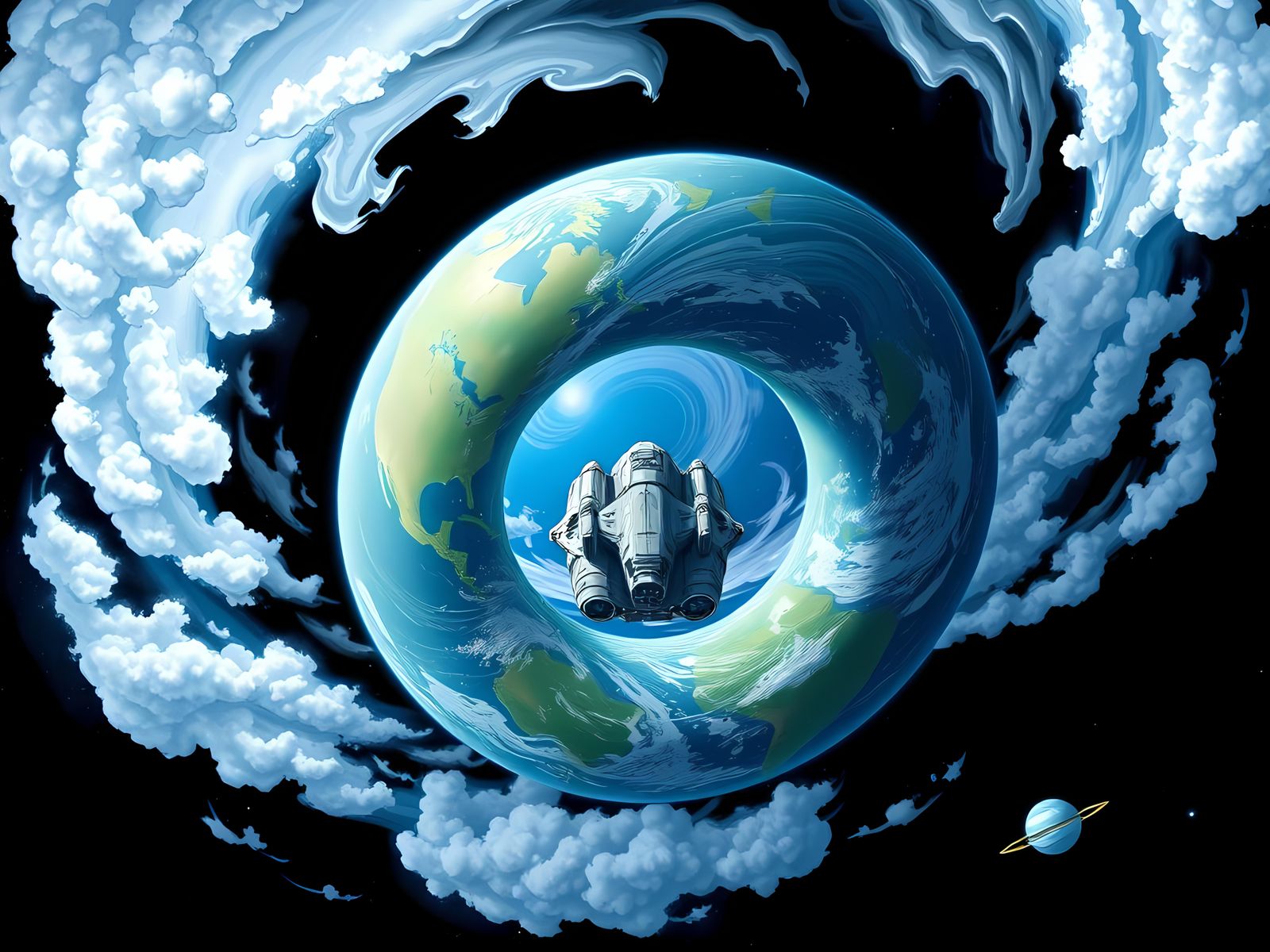 Donut Planet with Space Station in Center