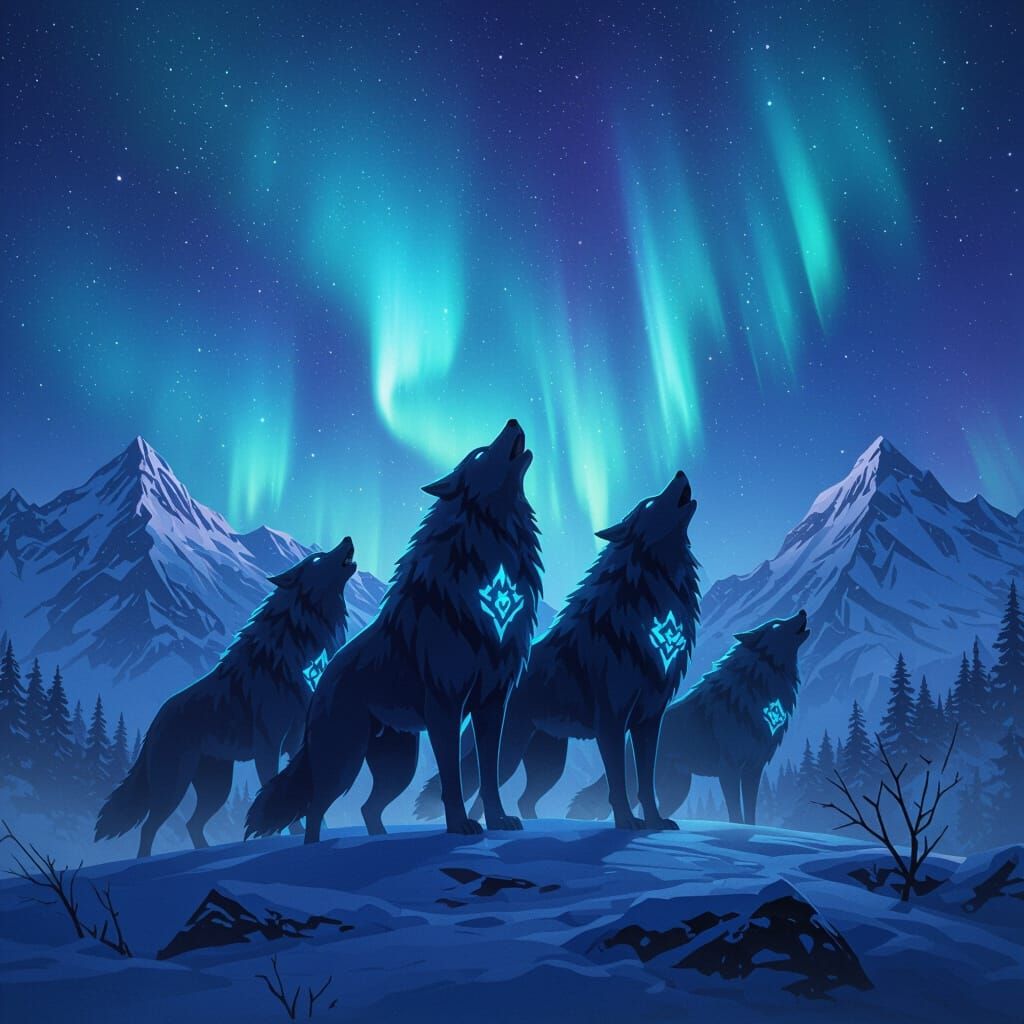 Mystical Glowing Wolves Howling Under Cosmic Auroras