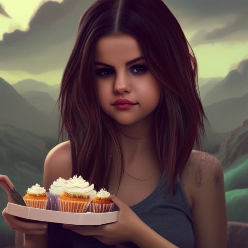 Selena Gomez Eats Cupcake: Detailed Digital Painting