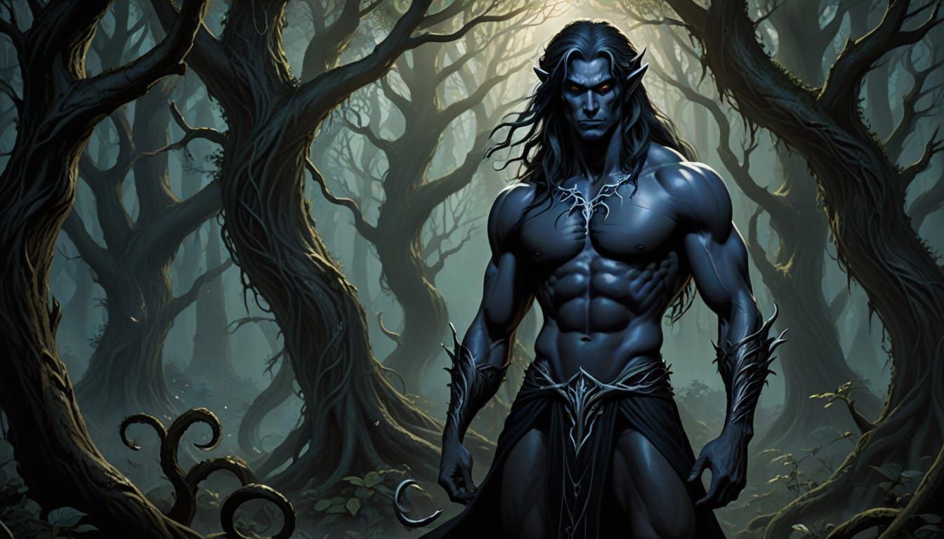 Mysterious Drow Elf in Dark Enchanted Forest