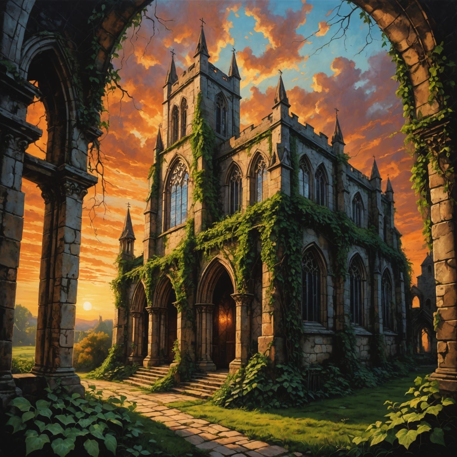 Gothic Church at Sunset: Acrylic Painting with Rustic Textur...