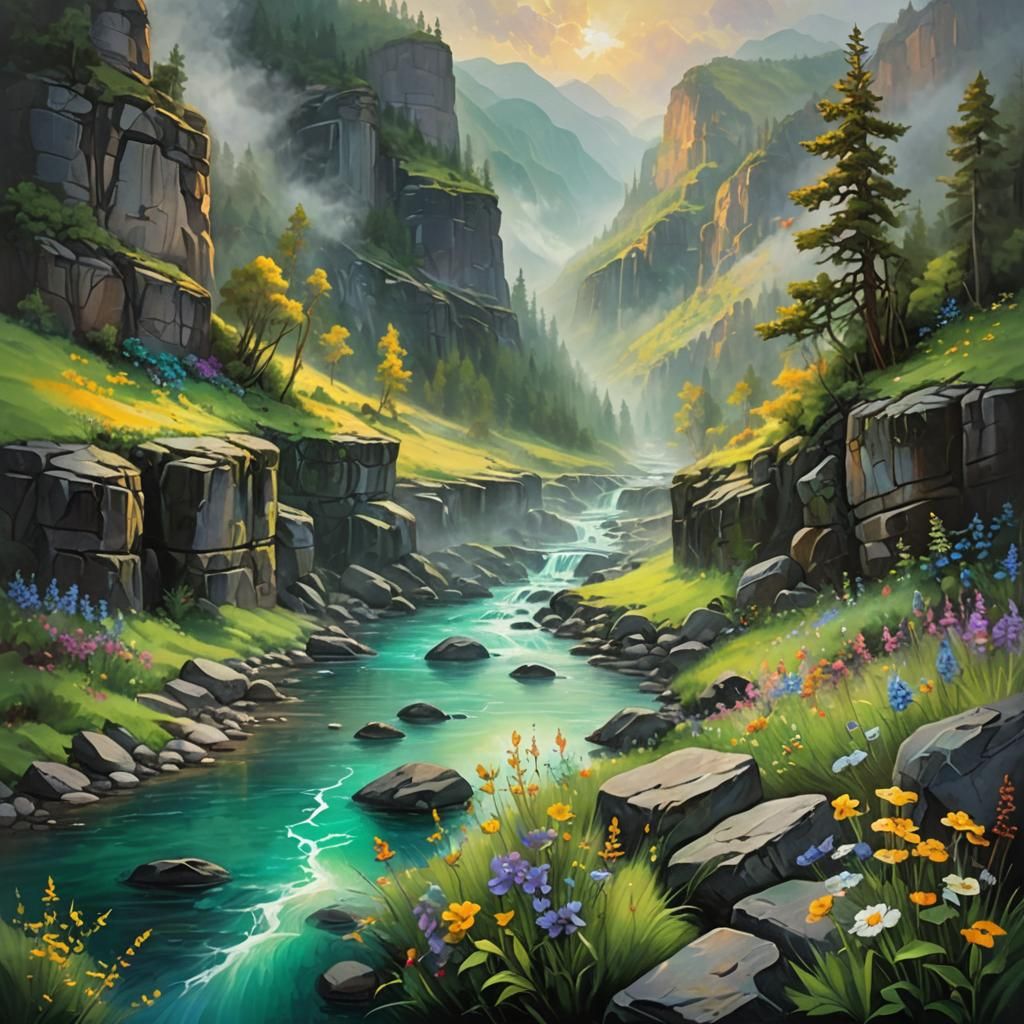Emerald River in Misty Canyon: Oil Painting