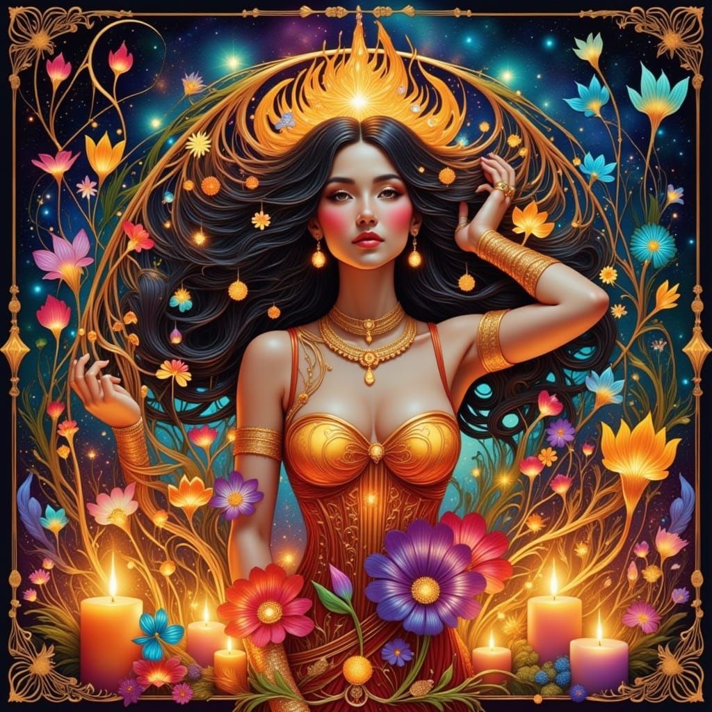 Art Nouveau Woman Surrounded by Fire and Flowers