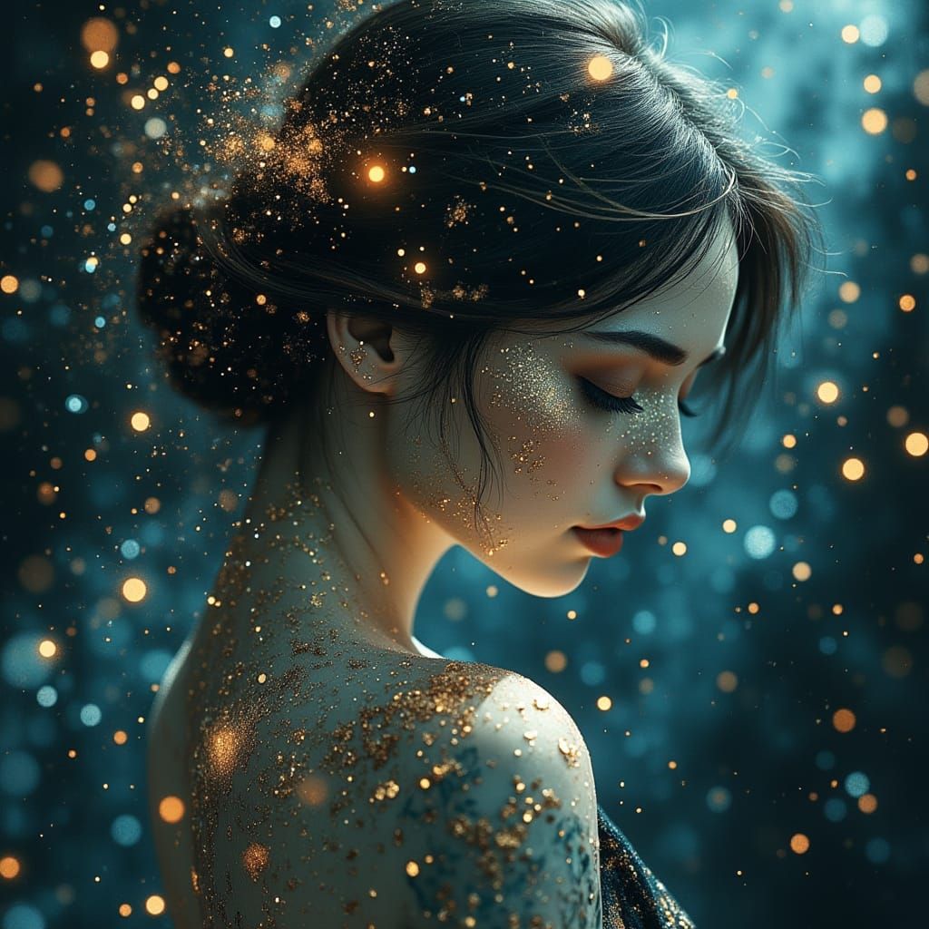 Moonlit Woman Portrait with Glowing Tattoos