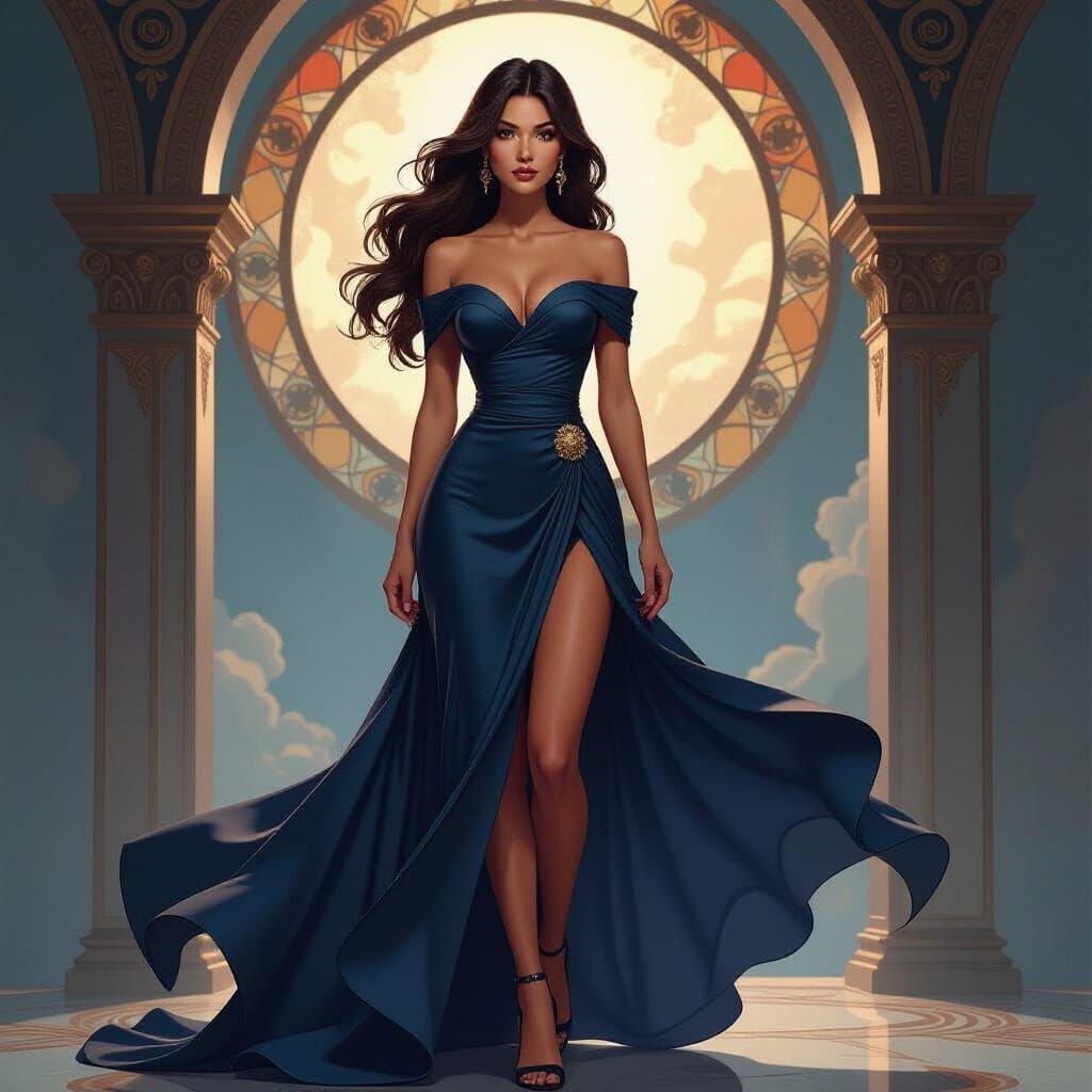 Stylized Woman in Dynamic Pose, Dramatic Illustration