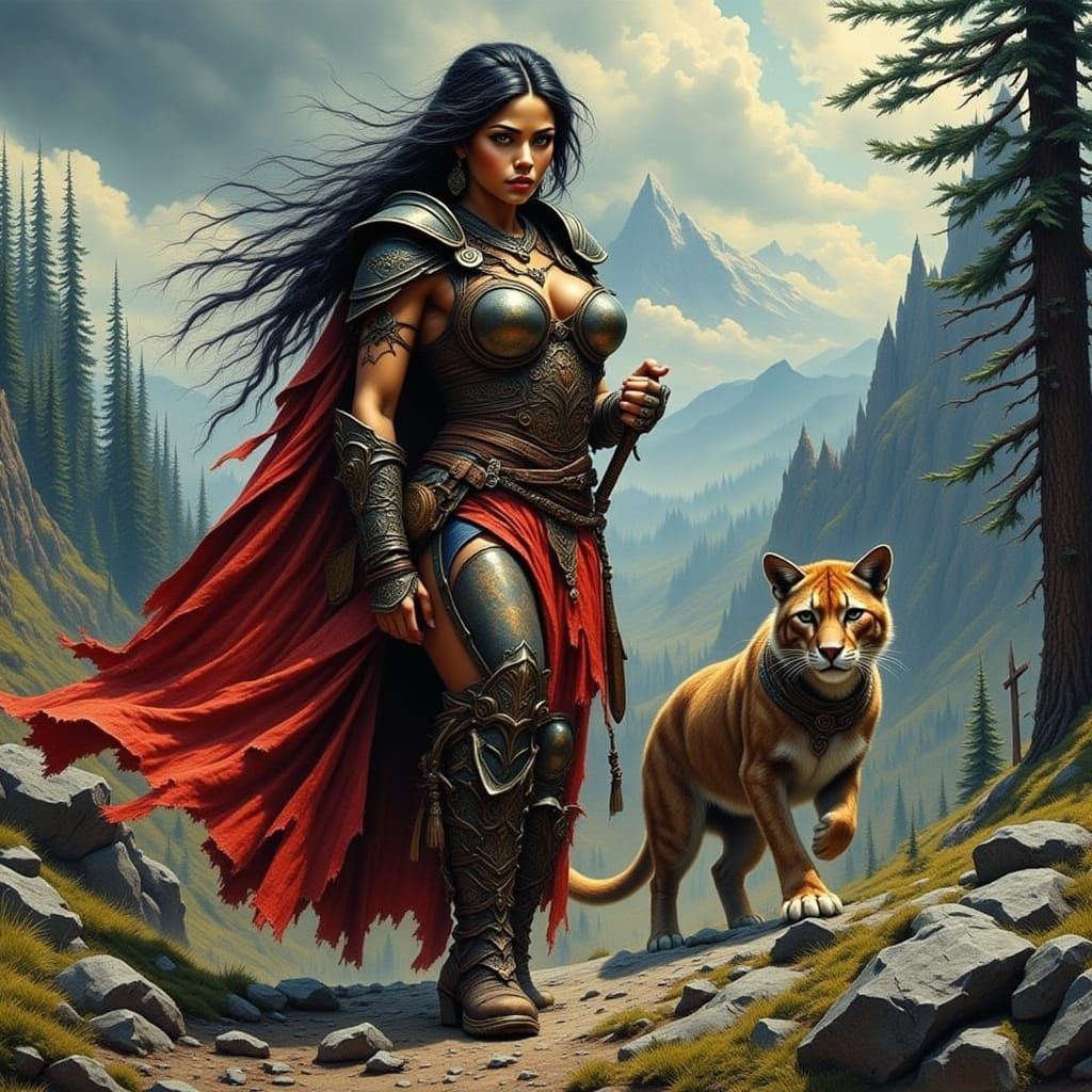 Latina Warrior Huntress with Feline Companion