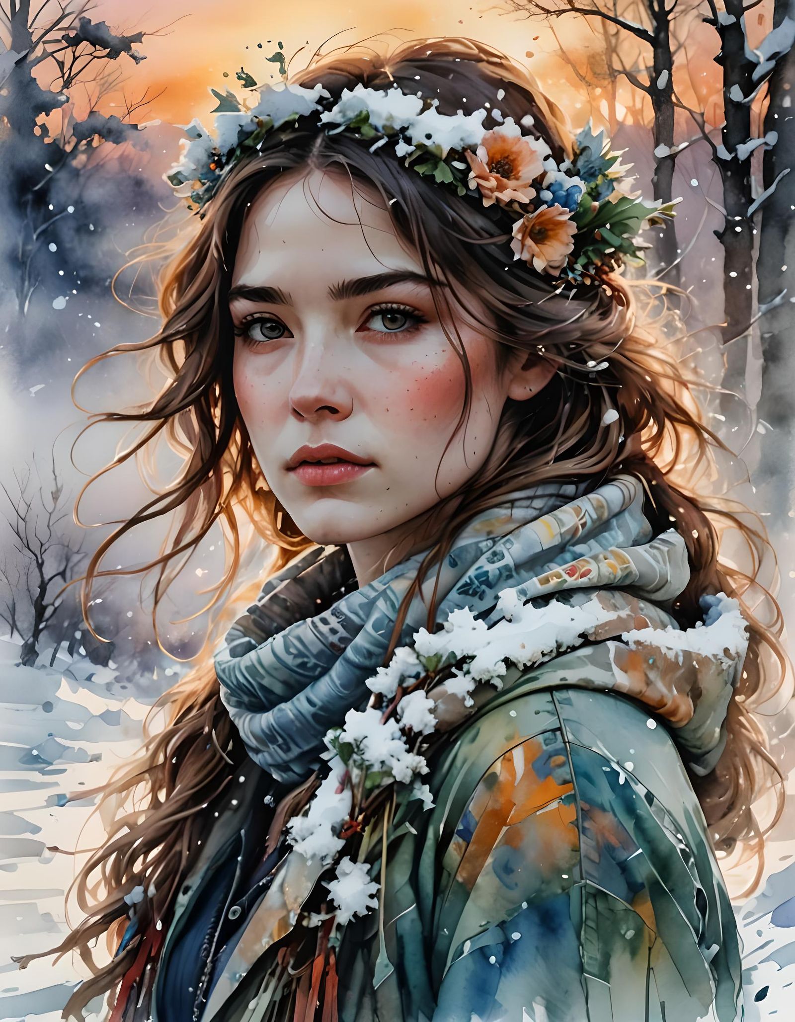 Snowy Lady Portrait in Digital Watercolor Style