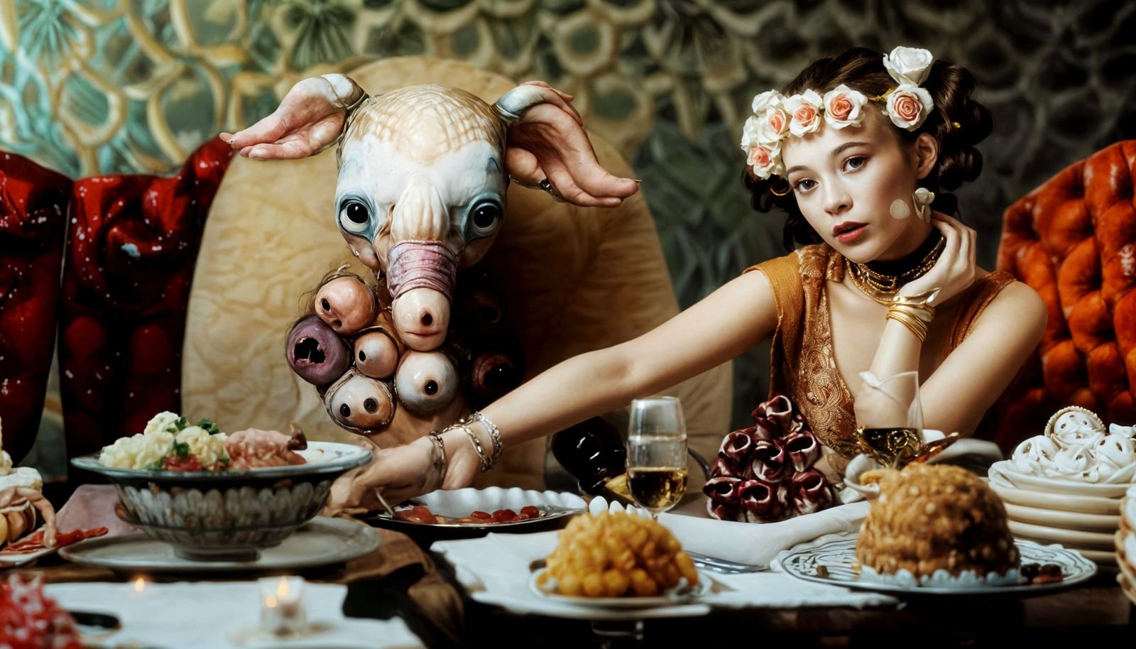 Surreal Alien Celebration in Gritty Restaurant