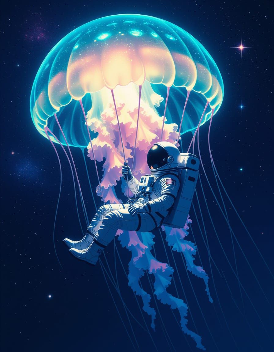 Astronaut and Bioluminescent Jellyfish in Deep Space