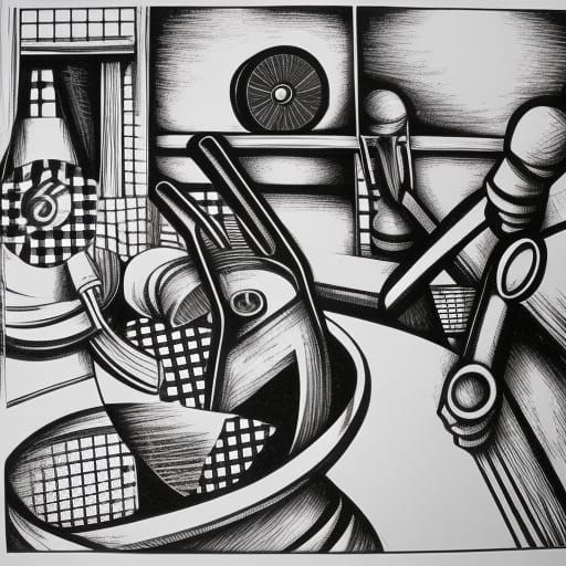 Futuristic Workers Forging Wheel, Black and White Linocut