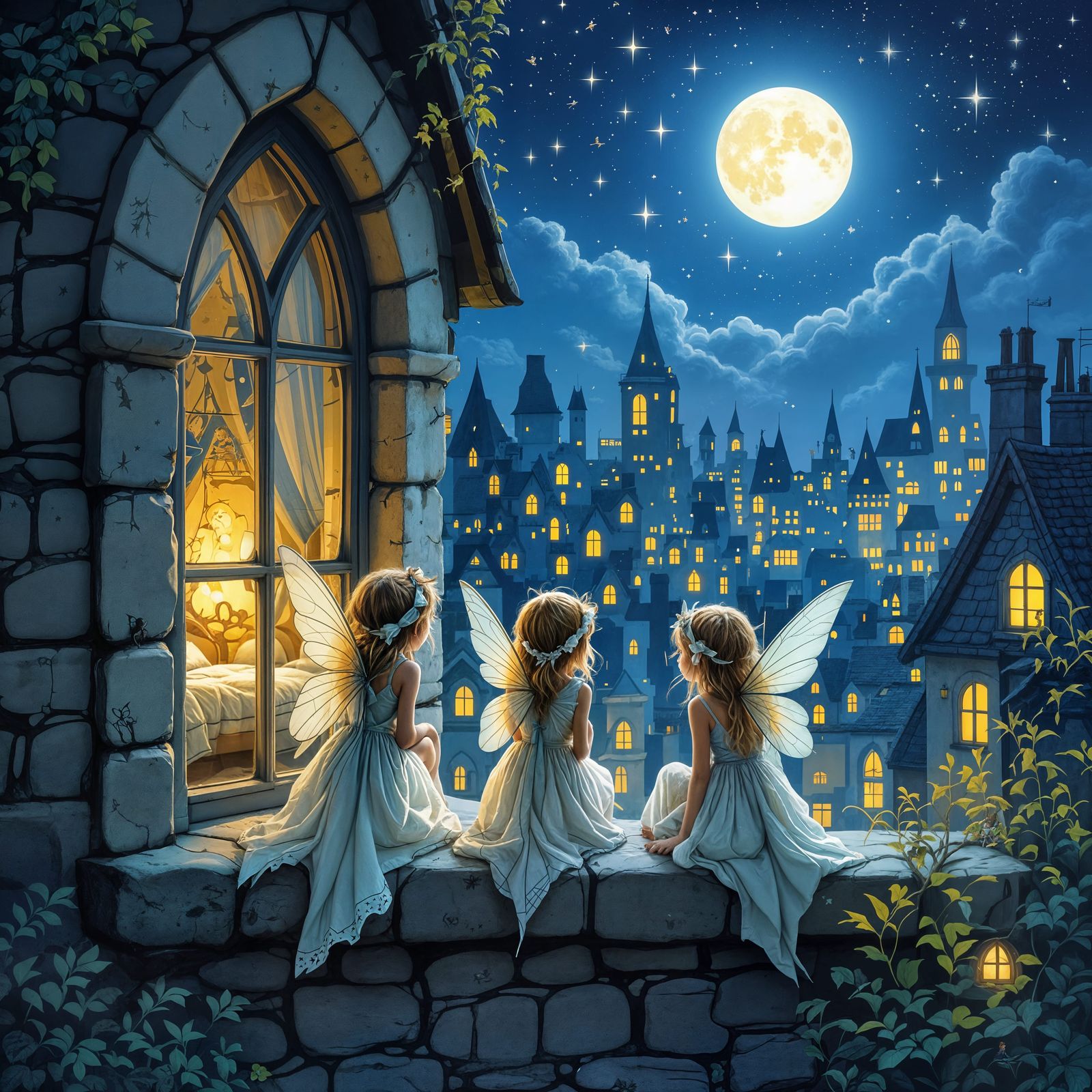 Fairies Watching Children Sleep Under Moonlight