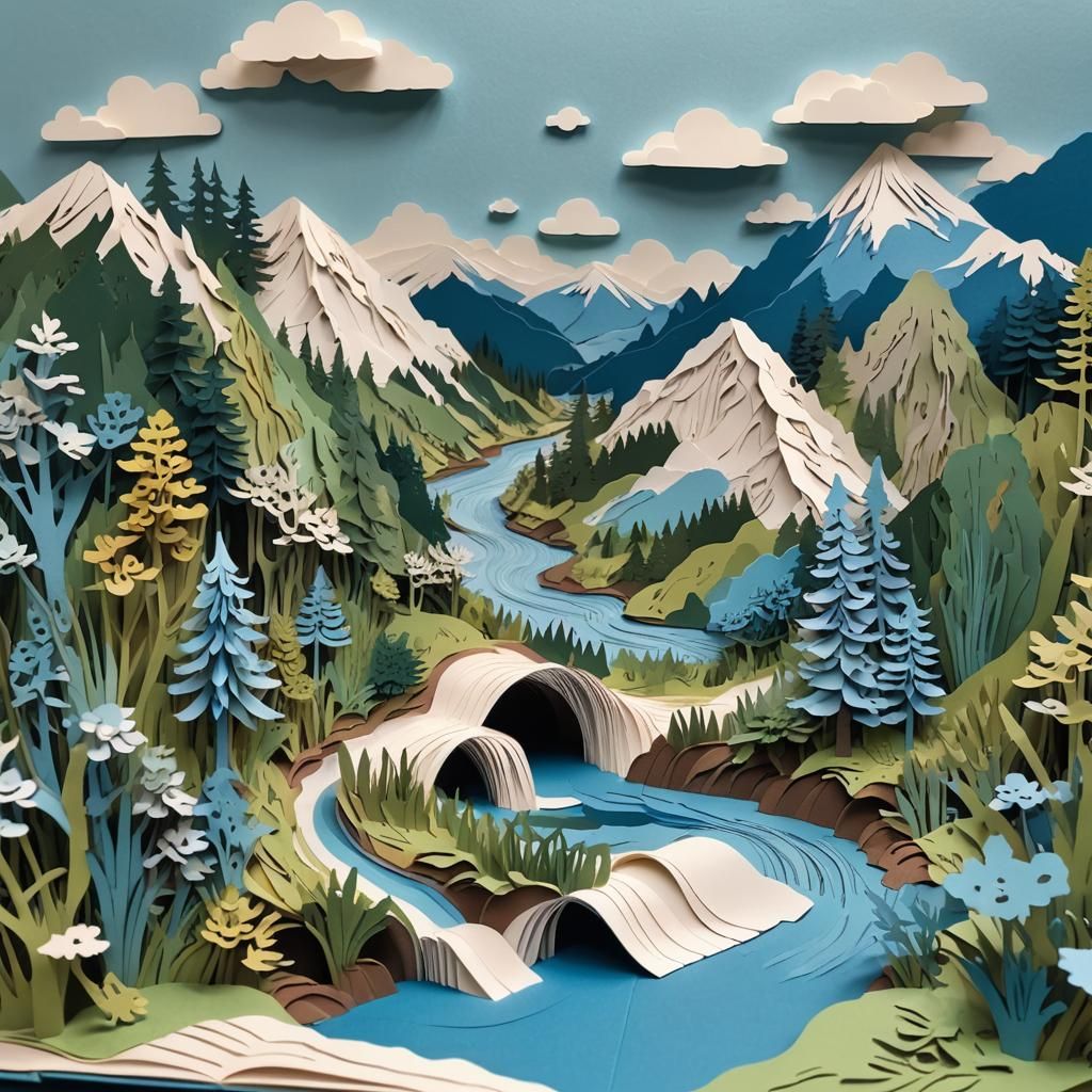 Intricate Paper Pop-Up Book: Mountain Stream Scene