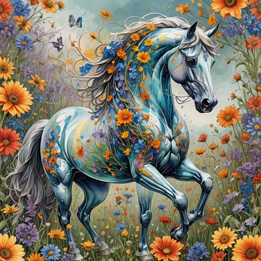 Glass Horse in Flower Field: Hyperdetailed Pencil Art